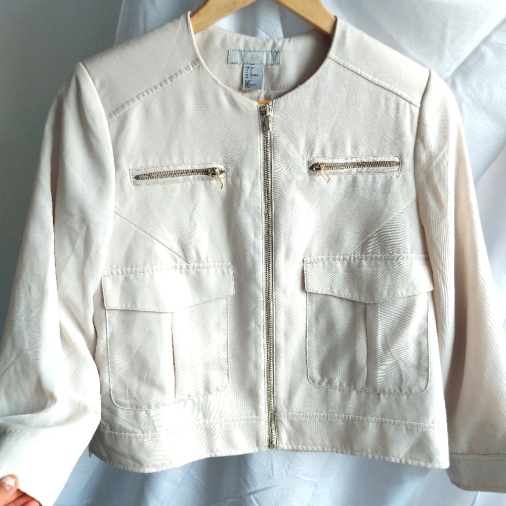 H&M Bomber Jacker in Beige with Gold Zippers - Size 8